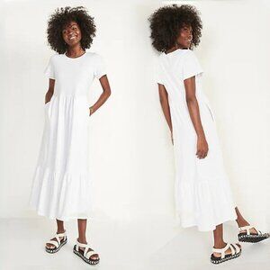 Old Navy Short-Sleeve Tiered Slub-Knit Midi Swing Dress in White and size M NWT